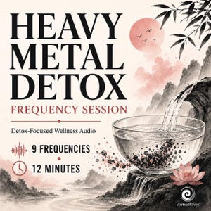 May include: A digital graphic titled HEAVY METAL DETOX FREQUENCY SESSION with text indicating 9 FREQUENCIES and 12 MINUTES. The image features a clear bowl under a waterfall, a pink sun, bamboo leaves, a lotus flower, and the VortexWaves logo.