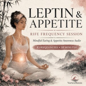Puede incluir: Una ilustración digital de una persona en posición de meditación con el texto LEPTIN & APPETITE, RIFE FREQUENCY SESSION, Mindful Eating & Appetite Awareness Audio, 8 FREQUENCIES, 10 MINUTES y VortexWaves sobre un fondo de paisaje.