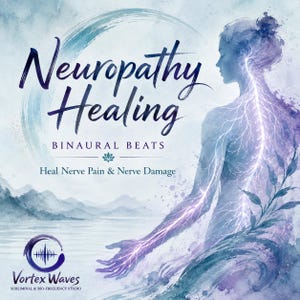 Puede incluir: Una ilustración digital que muestra la silueta de una persona con vías nerviosas brillantes en violeta y blanco. El texto dice: Neuropathy Healing, Binaural Beats, Heal Nerve Pain & Nerve Damage, Vortex Waves Subliminal & Bio-Frequency Studio.