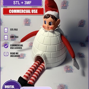 May include: A digital download for an ELF IGLOO 3D print file. The image shows a white igloo structure with a doll wearing a red hat and red and white striped legs emerging from the front. Text includes STL + 3MF, COMMERCIAL USE, and DIGITAL DOWNLOAD ONLY.
