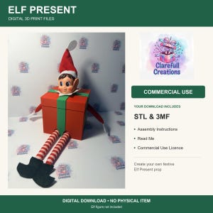 May include: Digital 3D print files for an Elf Present prop. The image shows a doll with a red hat, striped legs, and black shoes emerging from a red gift box with a green ribbon. Text includes ELF PRESENT, DIGITAL 3D PRINT FILES, and STL & 3MF.