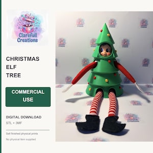 May include: A green, cone-shaped Christmas tree costume for a small doll, featuring small yellow and red circular ornaments. The doll has a smiling face, red arms with white cuffs, and red and white striped legs with black pointed shoes.