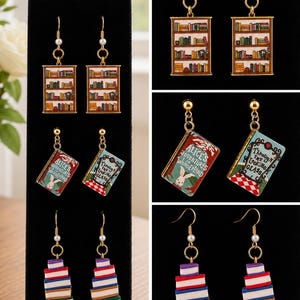 Boucles d'oreilles pendantes inspirées des livres : étagère à livres, Alice au pays des merveilles, piles de livres