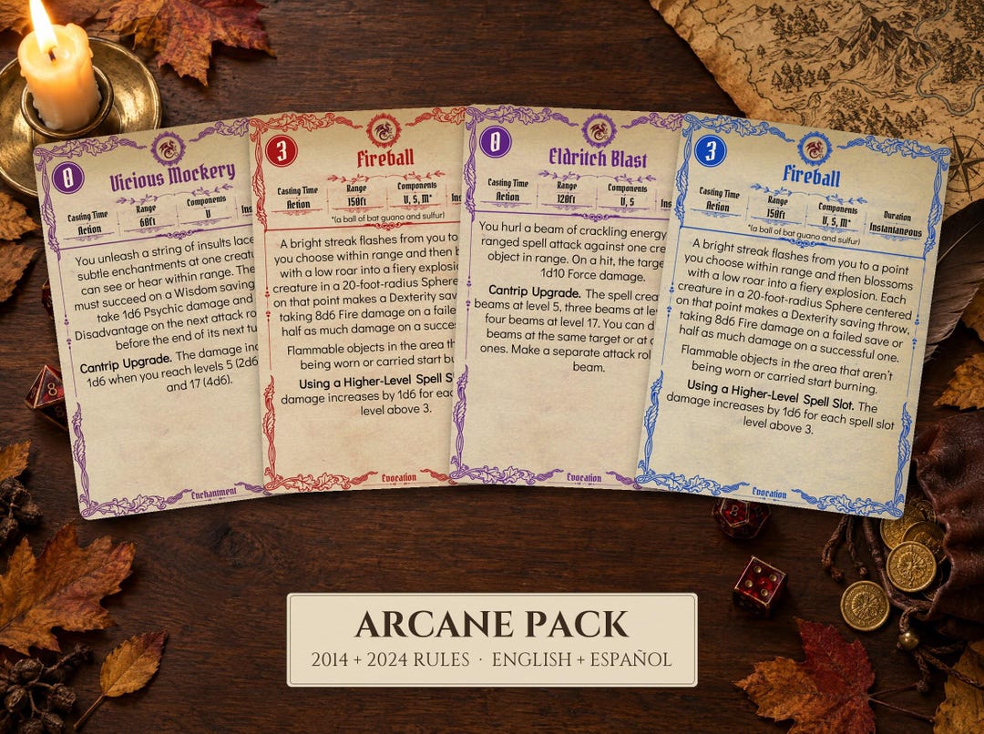 Arcane Spell Cards Pack: Bard, Sorcerer, Warlock, Wizard | 2014 + 2024 ...