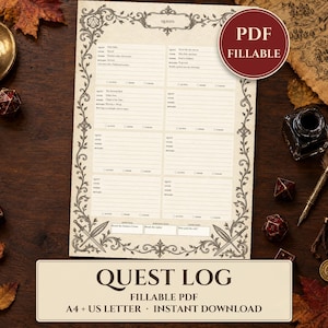 Utskrivbar uppdragslogg för 5e ifyllbar PDF, bordsrollspelsuppföljare för spelare och direktörer, kampanjuppdragsdagbok