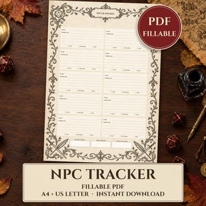 Puede incluir: Una hoja de seguimiento de PNJ en PDF rellenable con un borde decorativo, que incluye campos para nombres y notas. El documento contiene el texto NPC & ENEMIES, NPC TRACKER, FILLABLE PDF, A4 + US LETTER e INSTANT DOWNLOAD.
