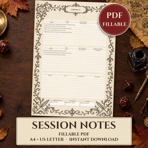 Puede incluir: Una hoja de notas de sesión en PDF rellenable con un borde decorativo que incluye espadas y un icono de d20. La página incluye campos para detalles de la crónica, fechas y notas. Una insignia circular roja muestra el texto PDF FILLABLE.