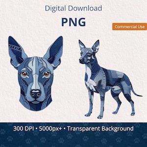 Könnte beinhalten: Eine digitale PNG-Datei zum Herunterladen mit zwei Hundeillustrationen, die aus verschiedenen blauen Denim-Stoffstücken zusammengesetzt sind. Der Text lautet Digital Download, PNG, Commercial Use und 300 DPI 5000px+ Transparent Background.