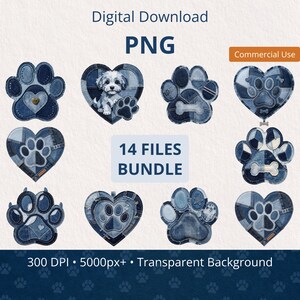 Könnte beinhalten: Ein digitaler Download-Satz mit 14 PNG-Dateien, die Pfotenabdrücke und Herzformen in Jeans-Optik zeigen. Die Grafiken enthalten einen Welpen, Knochenmotive und Patchwork-Denim-Muster. Text: Digital Download, PNG, 14 FILES BUNDLE, Commercial Use, 300 DPI, 5000px+, Transparent Background.