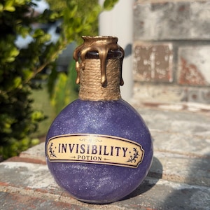 May include: A round glass bottle filled with a shimmering purple liquid. The neck is wrapped in brown twine and topped with metallic gold wax that drips down the sides. A cream-colored label on the front reads INVISIBILITY POTION in black text.