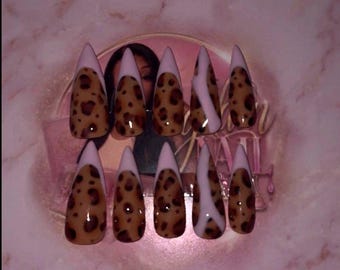 Handmade cheetah print frenchie stiletto press ons