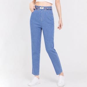 Tencel Mom Jeans, High Waist Elastic Tapered Denim, Comfy Summer Trousers