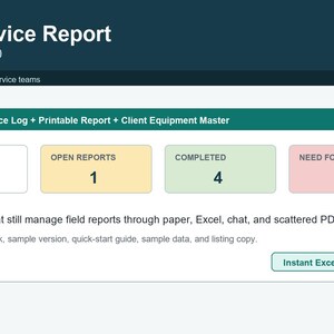 May include: A digital Field Service Report Template Kit v1.0 dashboard featuring a service log, printable report, and client equipment master. It displays four colored boxes with metrics: 7 total reports, 1 open, 4 completed, and 3 needing follow-up.