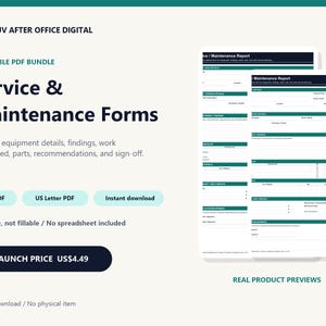 May include: A digital bundle of Service & Maintenance Forms featuring dark teal and white layouts. The printable PDF documents include sections for equipment details, findings, work performed, parts, recommendations, and sign-off, available in A4 and US Letter sizes.