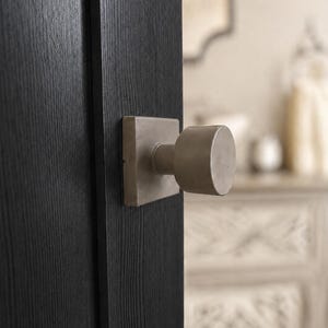 May include: A matte silver-toned metal door knob with a cylindrical handle and a square backplate, mounted on a dark black wooden door with a visible vertical wood grain texture. The hardware features a smooth, uniform finish throughout.