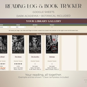 May include: A digital reading log and book tracker for Google Sheets titled Reading Log & Book Tracker. The interface displays a library gallery with book covers, titles, author names, star ratings, and reading status for four books.