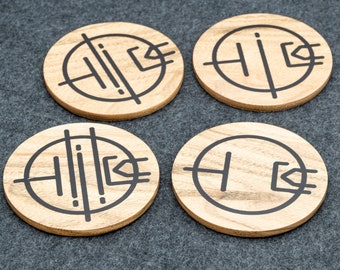 Wood coasters (set of 4) with electron tube symbols. Cork bottom.