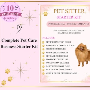 Peut inclure: Un modèle de kit de démarrage pour pet sitter sur fond rose clair avec des empreintes de pattes et des étoiles dorées. Le texte indique Pet Sitter Starter Kit, Professional Forms & Templates, et une liste de dix formulaires incluant les informations sur l'animal.
