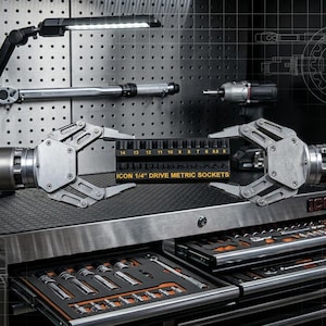 May include: A black socket rail labeled ICON 1/4" DRIVE METRIC SOCKETS held by two robotic grippers. The rail contains a series of black metric sockets ranging from 5 to 14. The background features a metal tool chest with drawers and tools.