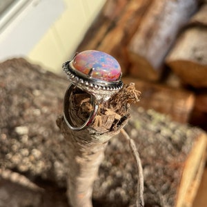 Opal Ring, Vintage Harlequin Fire, Antique Silver, Adjustable