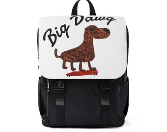 May include: A black backpack with a white flap featuring a brown dog wearing sunglasses, standing on a red skateboard, with the text "Big Dawg" written in black script above the dog. The backpack has black straps and side pockets.