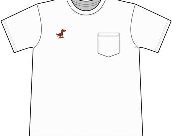 May include: A white short-sleeved t-shirt featuring a crew neckline and a single chest pocket on the right side. A small, brown, textured graphic of a dog standing on a red platform is positioned on the upper left chest area of the garment.