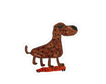 May include: A brown dog sticker with black markings and black sunglasses standing on a red skateboard with black wavy lines. The illustration features a hand-drawn aesthetic with a white border surrounding the entire dog and skateboard design.