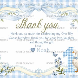 May include: A rectangular thank you card featuring a blue and white gingham background, a decorative cream and blue frame with a bow, and a white goose wearing a blue bow tie next to a large blue gingham number one and blue butterflies.