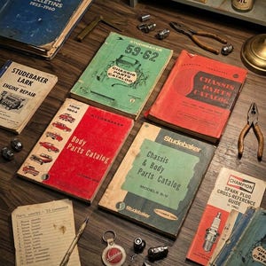 May include: A collection of vintage Studebaker automotive manuals, parts catalogues, and service bulletins featuring red, green, and blue covers. The set includes a handwritten parts list, a metal keychain, various small metal hardware, and pliers.