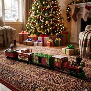 May include: A toy train set featuring a red locomotive with the number 28, a green cargo car, a red caboose with festive illustrations, and a red flatcar carrying a small figure, all arranged on a patterned rug in front of a Christmas tree.