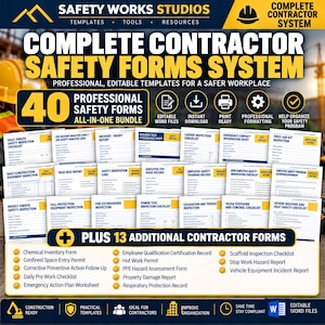 May include: A digital bundle of 40 professional safety forms and 13 additional contractor templates titled Safety Works Studios Complete Contractor Safety Forms System. The documents are white with blue and yellow accents, featuring editable text.