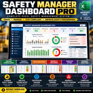 May include: A digital Safety Manager Dashboard Pro for Microsoft Excel featuring a main interface with data charts, incident trends, and inspection completion graphs. Below are six smaller spreadsheet previews for training, inspections, and corrective actions.