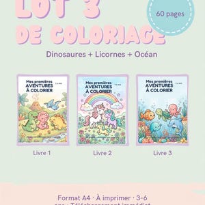 SET OF 3 Printable Coloring Books — Dinosaurs + Unicorns + Ocean | 60 Pages | Children Ages 3-6 | Kawaii | A4 PDF | Activity Book