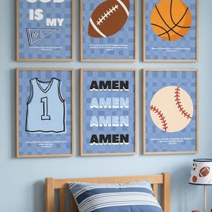 Boys Sports Bible Verse Wall Art Set of 6, Christian Nursery Gallery Wall, Scripture Prints Boy Room Decor, Printable Faith Wall Art