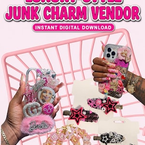May include: Two clear phone cases decorated with pink and silver charms, including a fuzzy pink patch, a doll face, and letter beads. Also includes two pairs of gold-toned hoop earrings with pink charms and four black hair clips with star and letter accents.