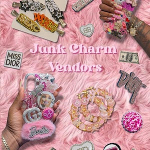 May include: A collection of decorative items including hair clips with letter charms, two phone cases covered in various miniature trinkets, large gold hoop earrings with pink accents, and several logo-themed pins on a textured pink background.