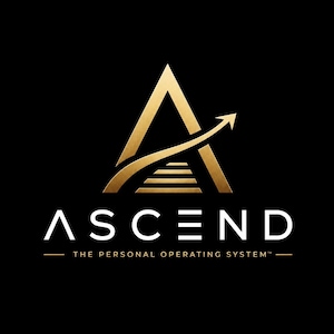 May include: A gold-coloured logo on a black background featuring a stylised letter A with a curved arrow pointing upwards. Below the icon, the word ASCEND is written in white capital letters, followed by the text THE PERSONAL OPERATING SYSTEM.