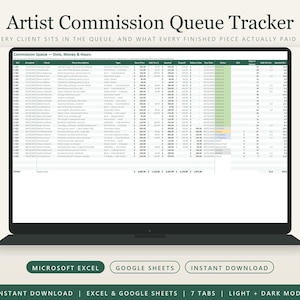 May include: A digital artist commission queue tracker displayed on a laptop screen. The spreadsheet includes columns for client names, piece descriptions, pricing, and hours. Text includes Artist Commission Queue Tracker, Microsoft Excel, and Google Sheets.