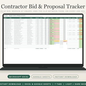 Contractor Bid Tracker Excel Google Sheets Bid Proposal Log Job Estimate Worksheet Win Rate Margin Tracker Construction Business Template