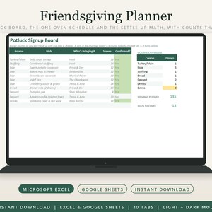 Op de afbeelding: Een digitale Friendsgiving-planner spreadsheet weergegeven op een laptopscherm. De interface bevat een aanmeldingsbord voor een potluck met kolommen voor gang, gerecht, deelnemer, porties en bevestigingsstatus, plus een overzichtstabel.