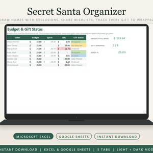 Può includere: Un foglio di calcolo digitale per l'organizzazione di un Secret Santa visualizzato su uno schermo di un portatile. L'interfaccia presenta una tabella di budget e stato dei regali con colonne colorate per tracciare i progressi dei doni.