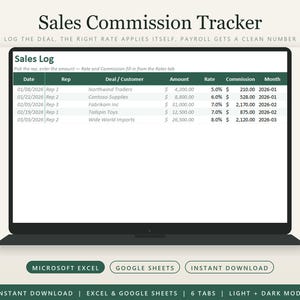 May include: A digital Sales Commission Tracker spreadsheet displayed on a laptop screen. The interface features a Sales Log table with columns for Date, Rep, Deal/Customer, Amount, Rate, Commission, and Month. Includes Microsoft Excel and Google Sheets labels.