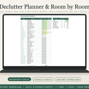 Op de afbeelding: Een digitale opruimplanner op een laptopscherm, met een kamer-voor-kamer checklist met kolommen voor zones, taken, status en datums. De interface bevat een voortgangstabel en tekstlabels voor Microsoft Excel en Google Sheets voor directe download.
