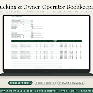 May include: A digital spreadsheet template for trucking and owner-operator bookkeeping displayed on a laptop screen. The interface includes sections for loads, cost per mile, and financial data. Buttons below indicate Microsoft Excel and Google Sheets compatibility.