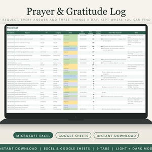 Prayer Journal Gratitude Log Spreadsheet Excel Google Sheets Prayer Request List Answered Prayer Tracker Daily Gratitude Faith Planner