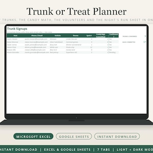 Puede incluir: Una hoja de cálculo digital para planificar eventos Trunk or Treat mostrada en una pantalla de portátil. La interfaz incluye una tabla de registros con columnas para anfitrión, contacto, vehículo, tema, número de plaza y estado.