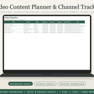 Peut inclure: Un planificateur de contenu vidéo et un suivi de chaîne numérique affichés sur un écran d'ordinateur portable. L'interface présente un tableau de pipeline vidéo avec des colonnes pour le titre, la série, le statut, les dates et les liens.
