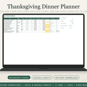 Op de afbeelding: Een digitale Thanksgiving-dinerplanner op een laptopscherm, met een oven-schema tabel met kolommen voor gerecht, temperatuur en timing. Onder het scherm staan knoppen die de compatibiliteit met Microsoft Excel en Google Sheets aangeven.