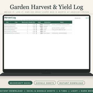 Könnte beinhalten: Eine digitale Garden Harvest & Yield Log Tabellenkalkulation auf einem Bildschirm. Die Benutzeroberfläche enthält Spalten für Datum, Ernte, Menge, Gewicht in Pfund, Wert, Ziel und Notizen. Schaltflächen zeigen die Kompatibilität mit Excel und Sheets.