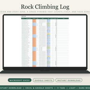 Könnte beinhalten: Eine digitale Kletter-Logbuch-Tabelle auf einem Laptop-Bildschirm. Die Benutzeroberfläche enthält Spalten für Datum, Route, Schwierigkeitsgrad und Stil mit farbcodierten Zellen. Text: Rock Climbing Log, Microsoft Excel und Google Sheets.